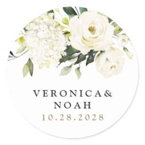 Hydrangea Elegant White Gold Rose Floral Wedding Classic Round Sticker
