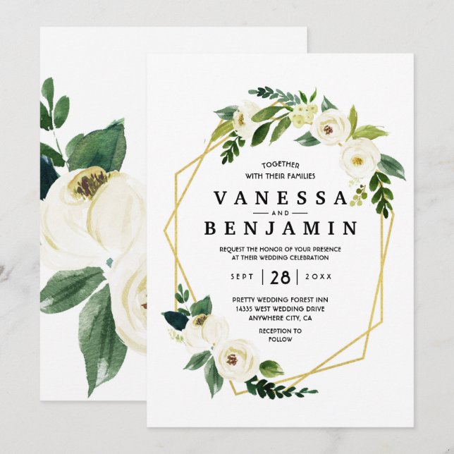 Hydrangea Elegant White Gold Rose Floral Wedding I Invitation (Front/Back)