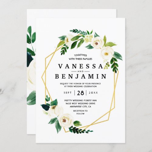 Hydrangea Elegant White Gold Rose Floral Wedding I Invitation