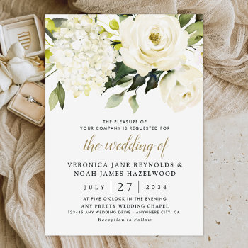Hydrangea Elegant White Gold Rose Floral Wedding Invitation by RusticWeddings at Zazzle
