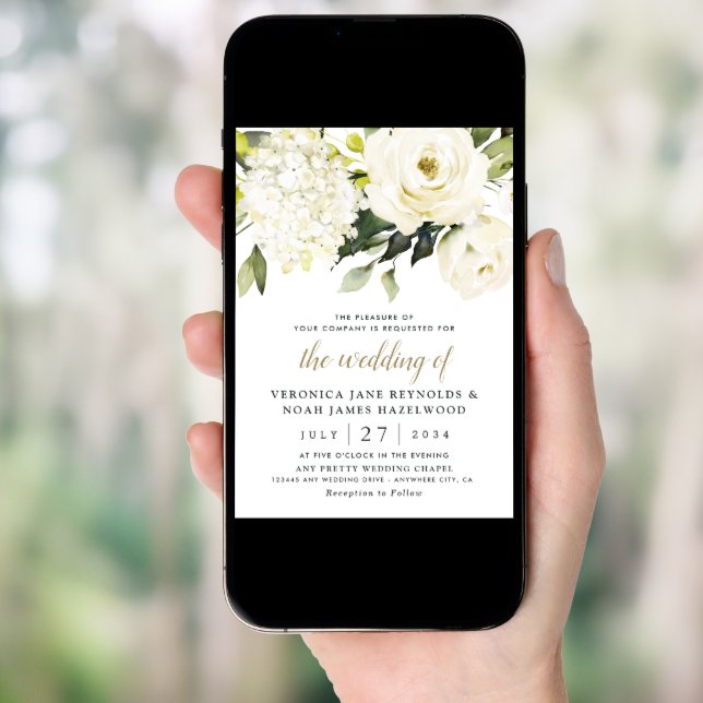 Hydrangea Elegant White Gold Rose Floral Wedding Invitation (Front Digital)