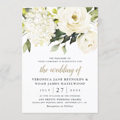 Hydrangea Elegant White Gold Rose Floral Wedding Invitation