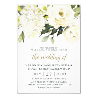 Hydrangea Elegant White Gold Rose Floral Wedding Invitation