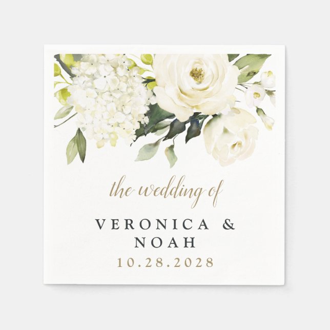 Hydrangea Elegant White Gold Rose Floral Wedding Napkins (Front)