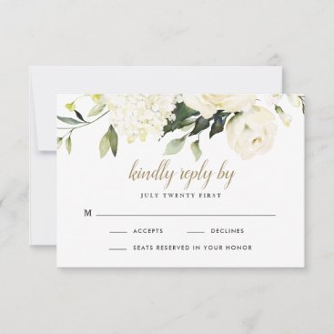 Hydrangea Elegant White Gold Rose Floral Wedding RSVP Card