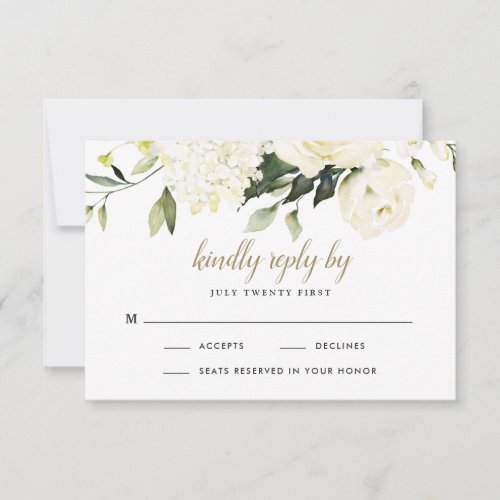 Hydrangea Elegant White Gold Rose Floral Wedding RSVP Card