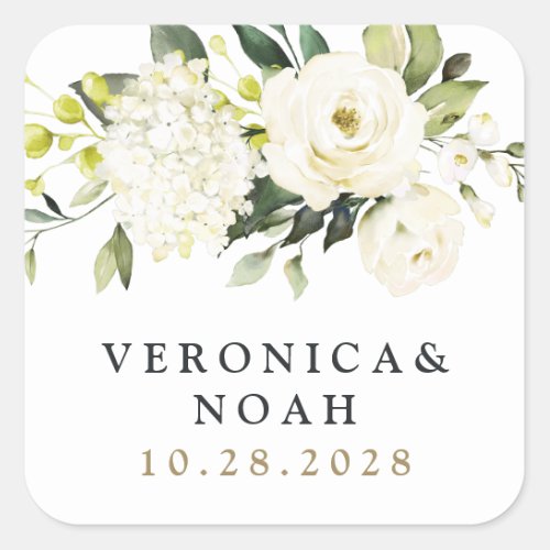 Hydrangea Elegant White Gold Rose Floral Wedding Square Sticker