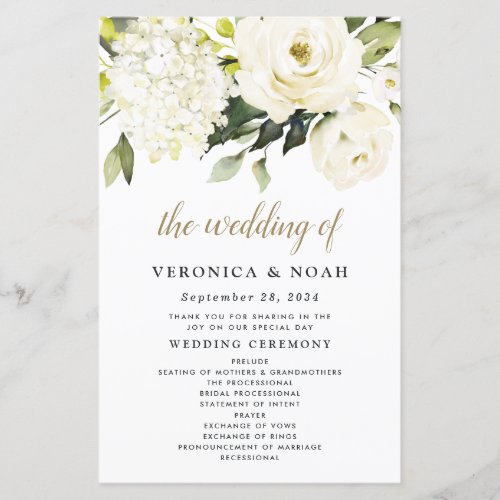 Hydrangea Elegant White Gold Rose Wedding Programs