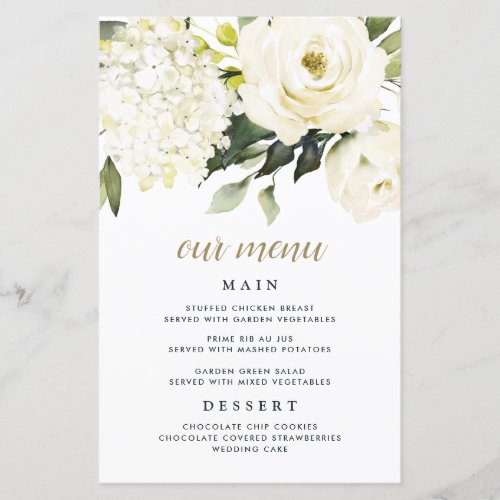 Hydrangea Elegant White Gold Wedding Menu Cards