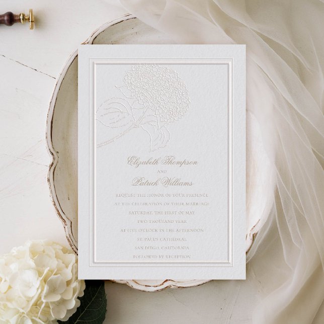 Hydrangea Faux Emboss Frame Formal Elegant Wedding Invitation (hydrangea wedding invitation formal traditional modern classic double frame ivory faux embossed)
