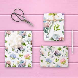 Hydrangea Floral Blue and Pink Set of 3 Wrapping Paper Sheets