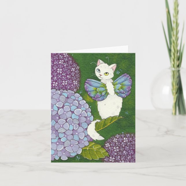 Hydrangea Floral Cat Fairy Note Card Moussart (Front)