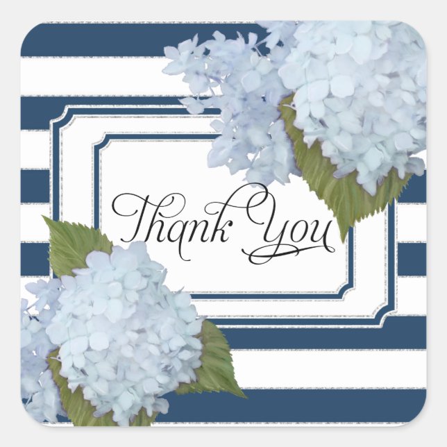 Hydrangea Floral Nautical Navy Blue White Striped Square Sticker (Front)