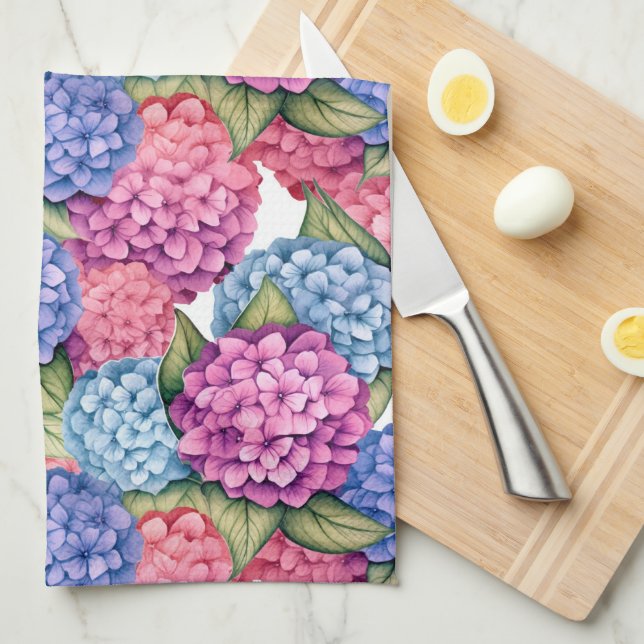 Hydrangea Floral Pink Blue Kitchen Towel (Quarter Fold)