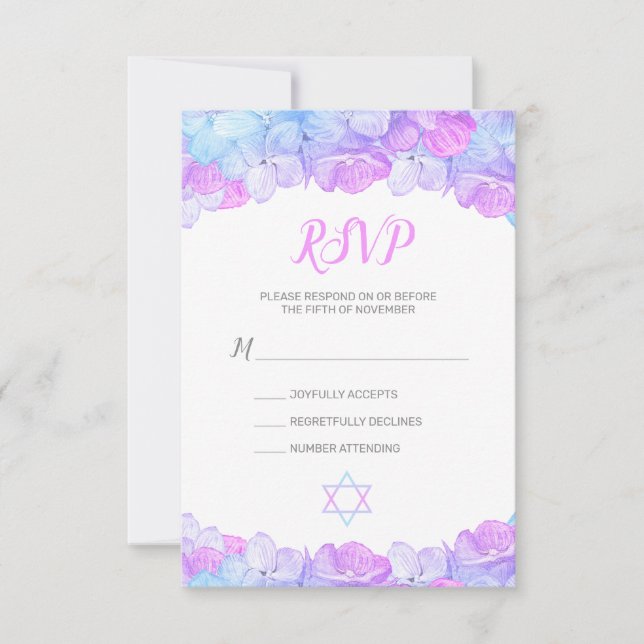 Hydrangea Floral Pink Watercolor Bat Mitzvah RSVP Card (Front)