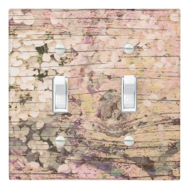 Hydrangea Floral Sepia Tan Farmhouse Vintage Wood Light Switch Cover (In Situ)
