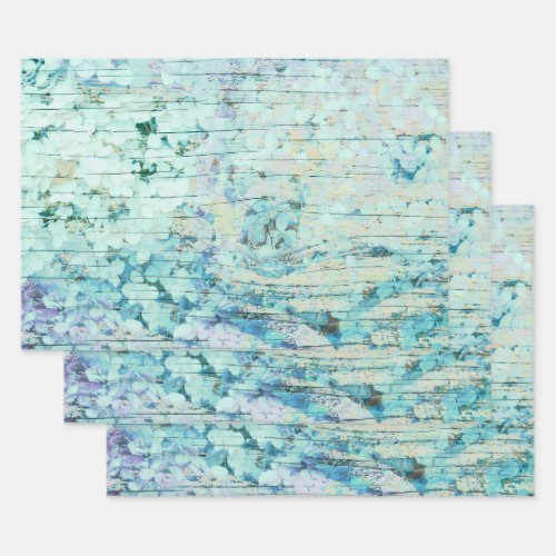 Hydrangea Floral Teal Country Vintage Wood Wrapping Paper Sheets