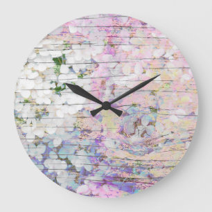 Hydrangea Floral Vintage Chic Pink Country Large Clock
