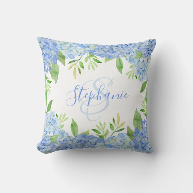 Hydrangea Floral Watercolor Monogram Throw Pillow (Front)
