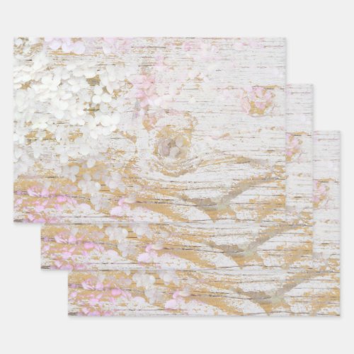 Hydrangea Floral White Distressed Vintage Wood Wrapping Paper Sheets