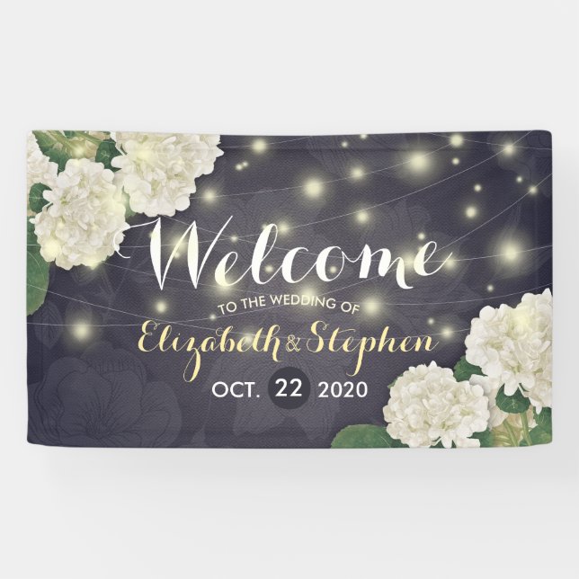Hydrangea Flower String Light Blue Wedding Welcome Banner (Horizontal)
