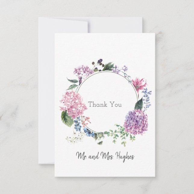 Hydrangea flower wreath wedding themed Thank Thank You Card (Front)