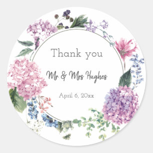 Hydrangea flower wreath wedding themed thank you classic round sticker