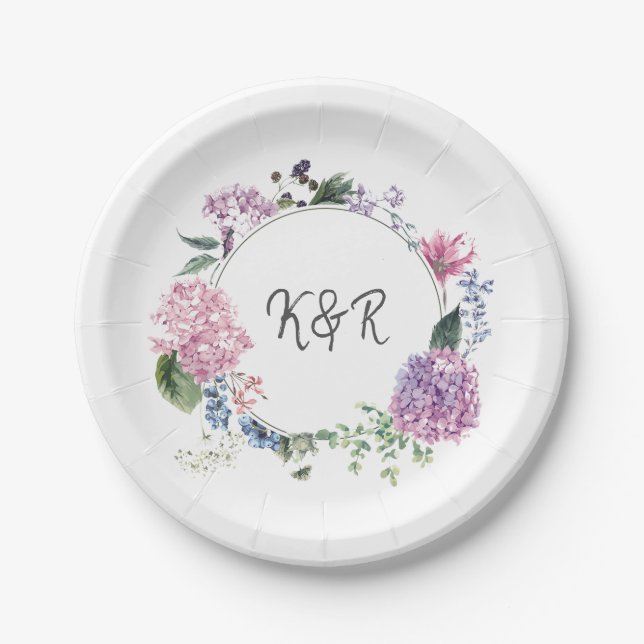 Hydrangea flower wreath wedding themed wedding paper plates (Front)