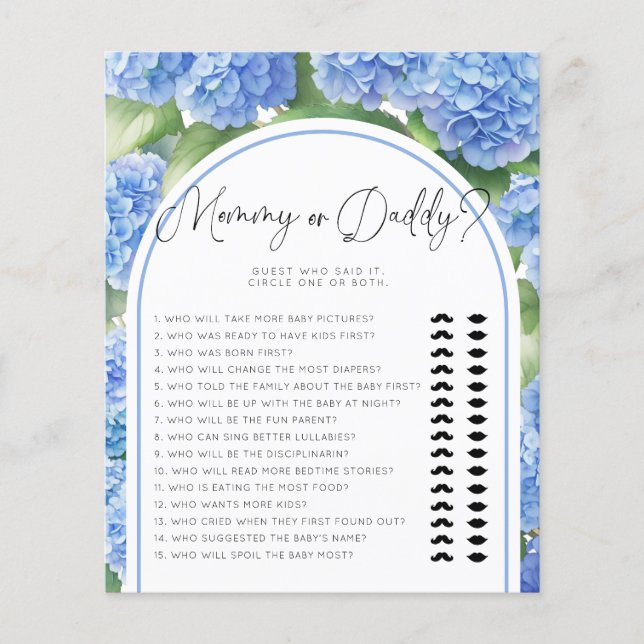 Hydrangea Flowers Baby Shower Games Mommy or Daddy (Front)