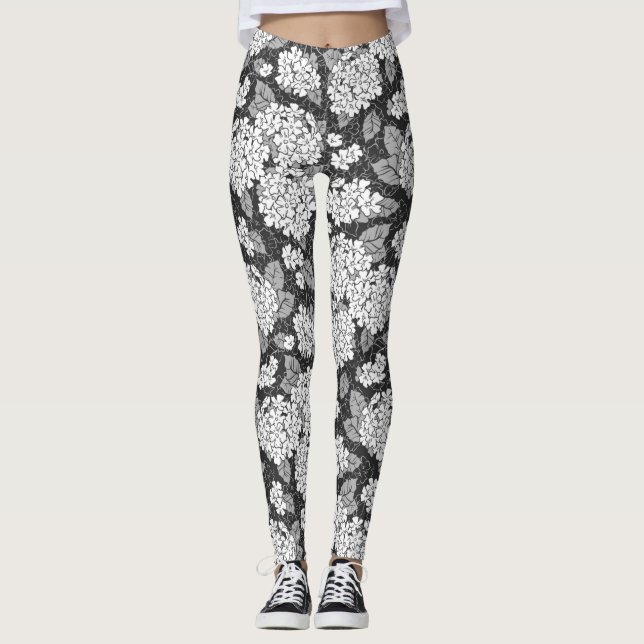 Hydrangea flowers. Black and white floral pattern Leggings (Front)