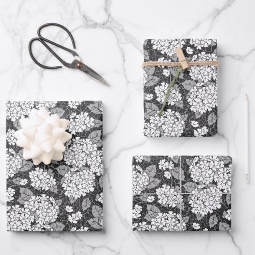 Hydrangea flowers Black and white floral pattern Wrapping Paper Sheets