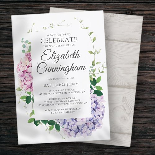 Hydrangea Flowers Foliage Woodsy Modern Memorial Invitation