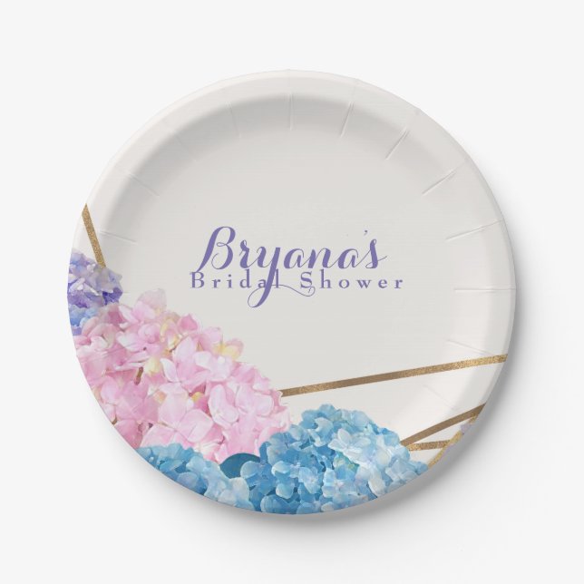 Hydrangea Flowers & Gold Chic Elegant Spring Paper Plates (Front)