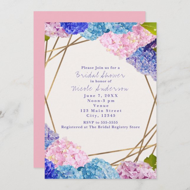 Hydrangea Flowers & Gold Chic Spring Invitations (Front/Back)