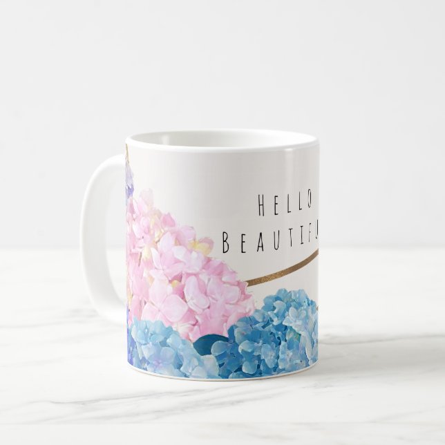 Hydrangea Flowers & Gold Floral Chic Spring Custom Coffee Mug (Front Left)