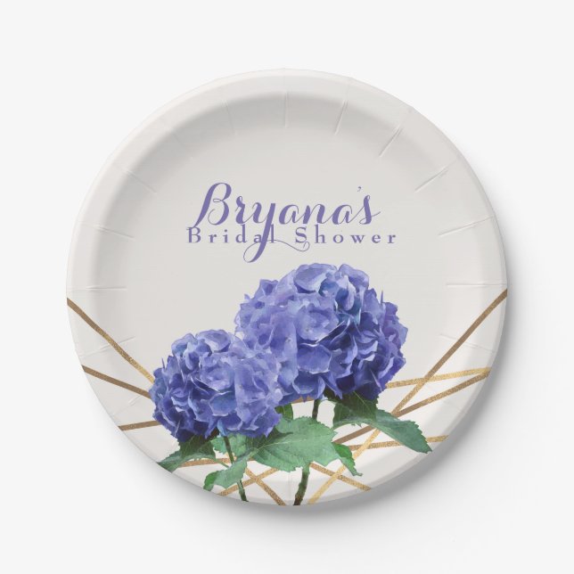 Hydrangea Flowers & Gold Lines Elegant Custom Paper Plates (Front)