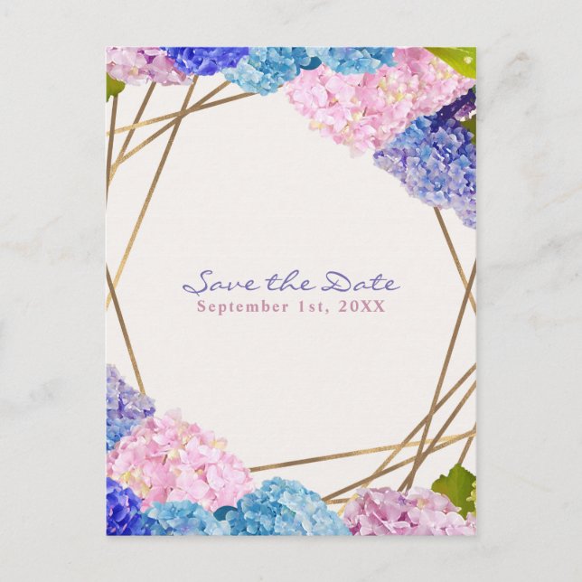 Hydrangea Flowers & Gold Spring Save the Date Announcement Postcard (Front)