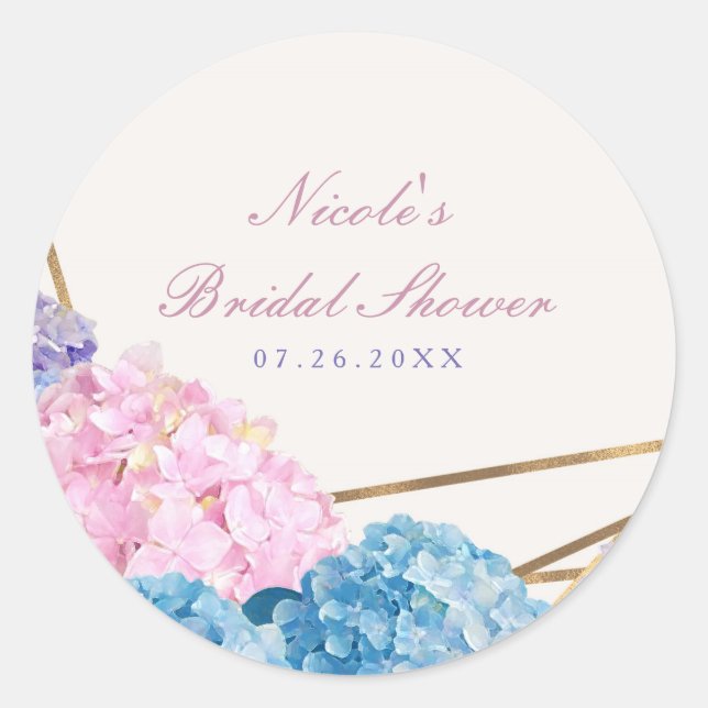 Hydrangea Flowers & Gold Spring Wedding Favor Classic Round Sticker (Front)