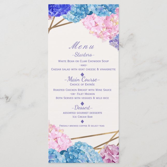 Hydrangea Flowers & Gold Spring Wedding Menu Card (Front)