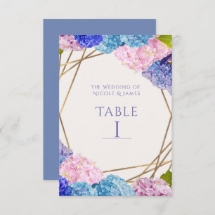 Hydrangea Flowers & Gold Wedding Table Number Card