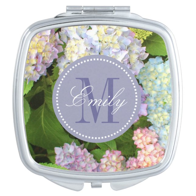 Hydrangea Flowers Monogram Personalized Compact Mirror (Front)