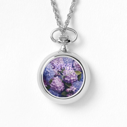 Hydrangea Flowers Monogrammed Watch Necklace