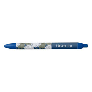 Hydrangea Flowers Navy Blue Custom Name Pen