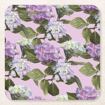Hydrangea Flowers On Pink Square Paper Coaster by Eclectic_Ramblings at Zazzle