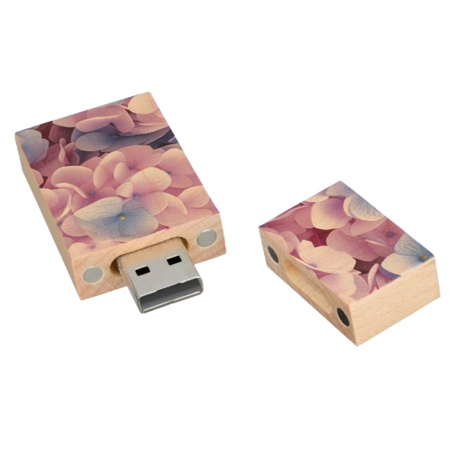Hydrangea Flowers Seamless Pattern Wood Flash Drive (Angled)