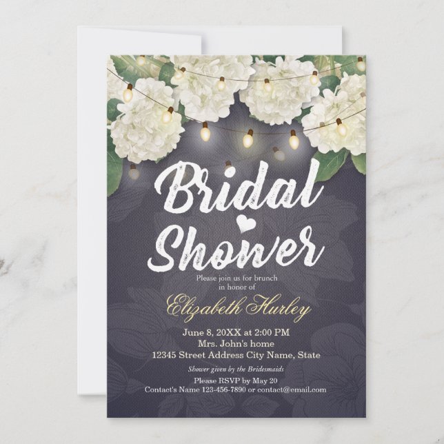 Hydrangea Flowers String Lights Blue Bridal Shower Invitation (Front)