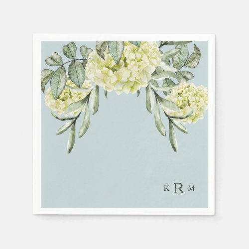 Hydrangea Foliage Monogram Dusty Blue Cocktail Napkins