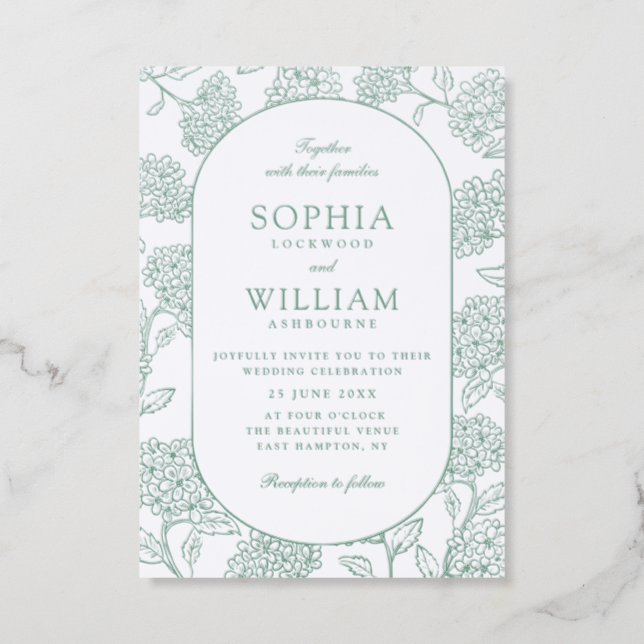 Hydrangea Frame Monochromatic Wedding Letterpress Invitation (Front)