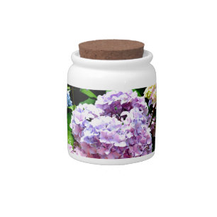 Hydrangea garden, pink, blue, purple floral candy jar