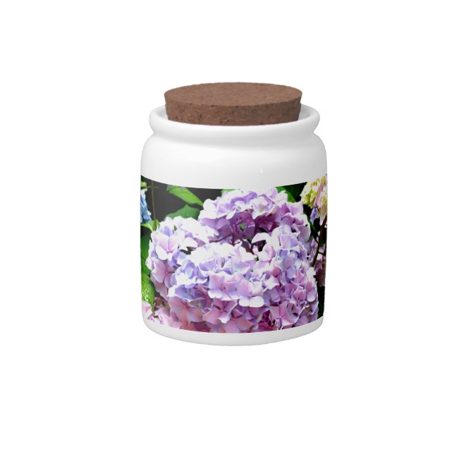 Hydrangea garden, pink, blue, purple floral candy jar (Front)